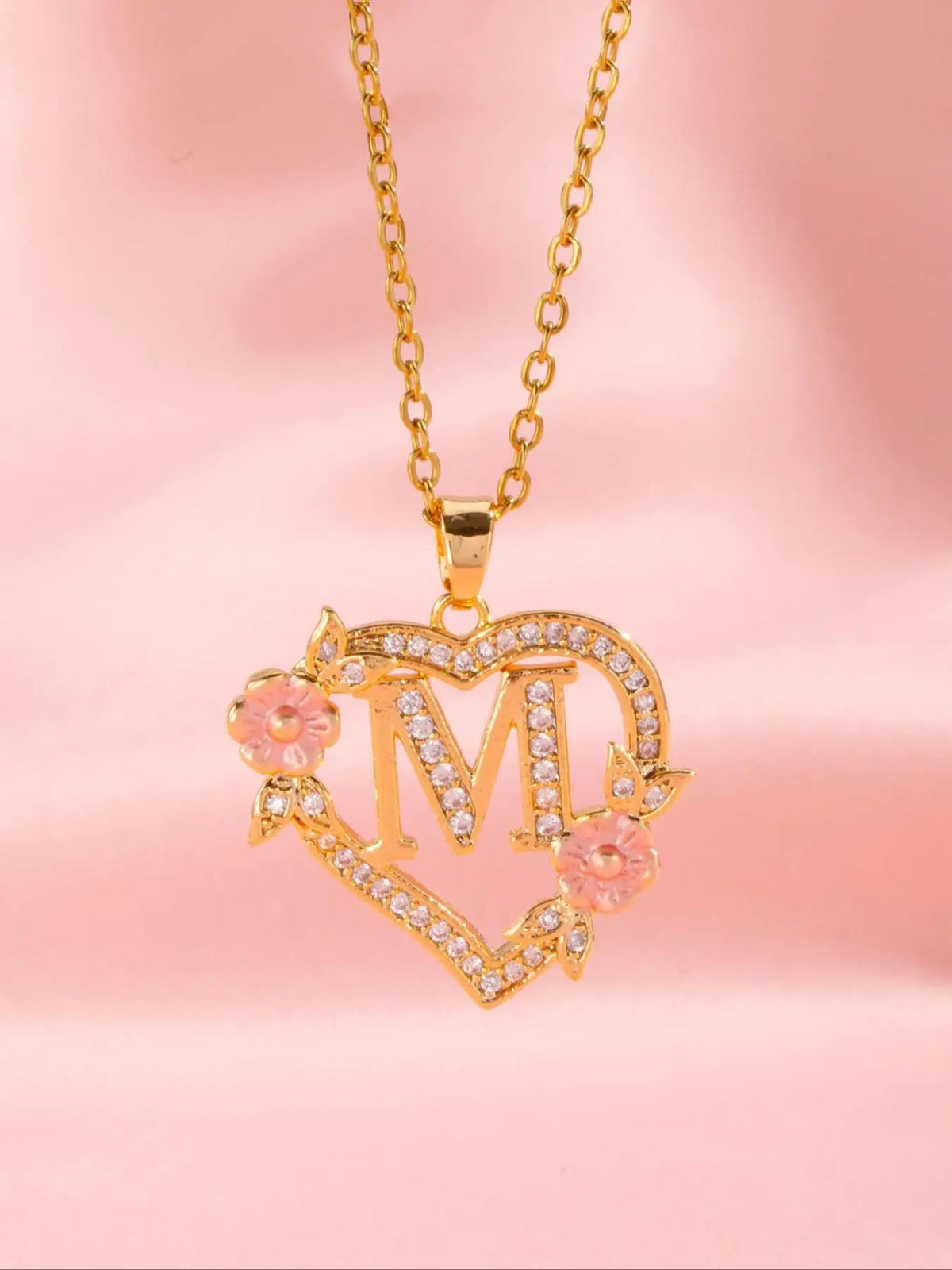 Initials Heart Shaped Pendant Necklace, Alphabet Detail Pendant, Exquisite Jewelry Gift, Rhinestone Decorated Alphabet Necklace, Artificial Zircon Decor Jewelry for Party, Daily Clothing Decor, Heart Design Jewelry, Zirconia Alphabet Pendant