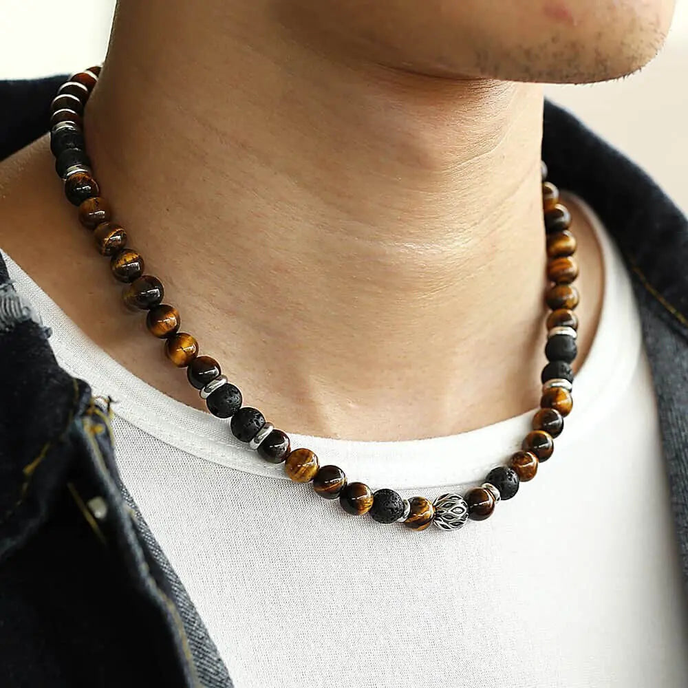 Men's 8mm Natural Tiger Eye & Lava Bead Beaded Chain Necklace - Stainless Steel Toggle Clasp, 18/20/24in, Black Onyx Accessory, Handmade, Natural Stone Pendant, Men's Jewelry, Mens Gifts, Christening/Wedding Bold Accent,sohochic