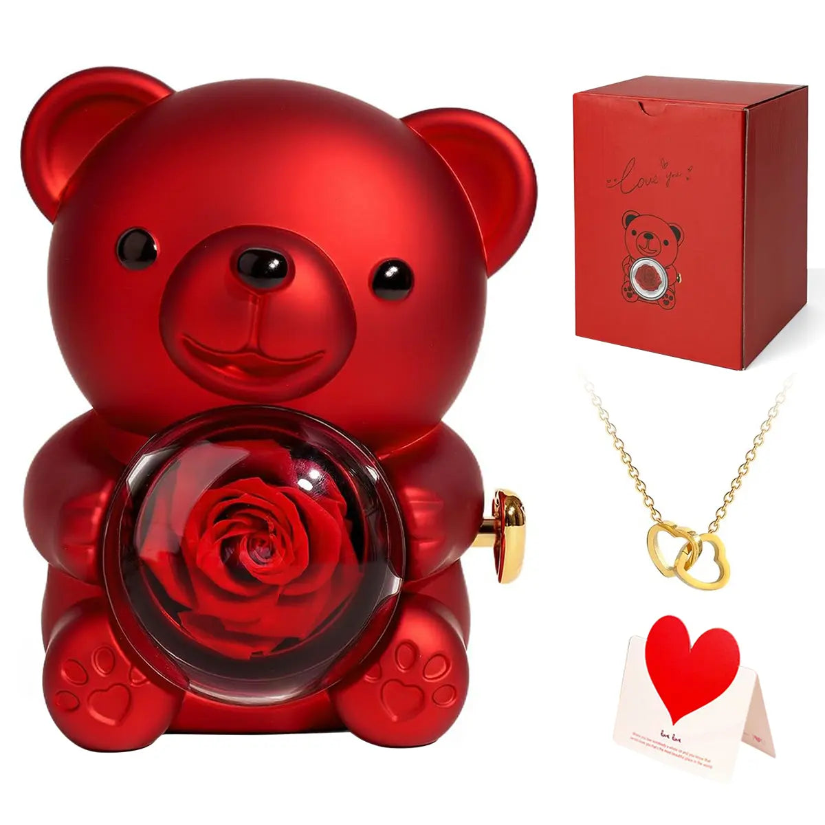 【Necklace Included】Cute Teddy Bear with Preserved Rose & Adorable Stuffed Bouquet - Personalized Present with Gift Box Design - Customizable Anniversary Gifts for Her Festive Party Supply Customizable Gift Gift Box Set,sohochic