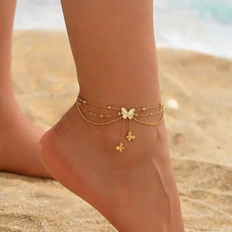 Three-Layer Bohemian Ankle Bracelet for Women Featuring White Beads And a Butterfly Design, Adjustable for Casual Wear, Perfect As a Christmas Present