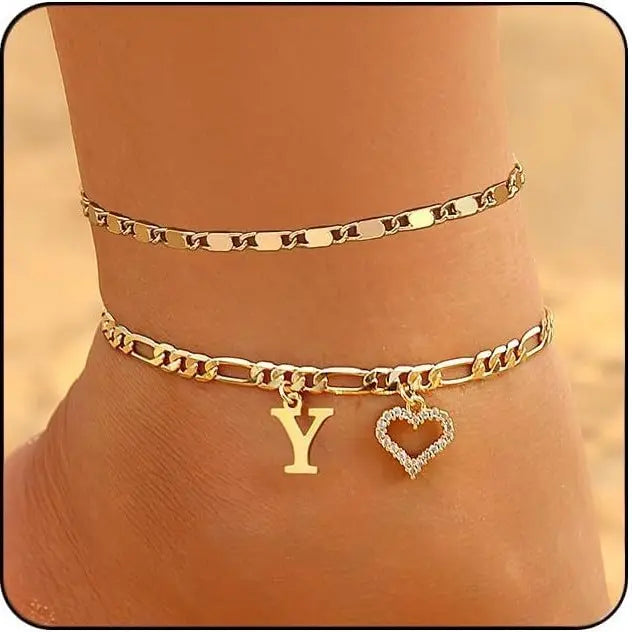 Women's Initial Heart Charm Anklet - Adjustable Gold-Plated Waterproof Anklets for Women with Gold Accents, Ideal for Summer Beach Wear or Romantic Gifting, Gold Accents Anklets