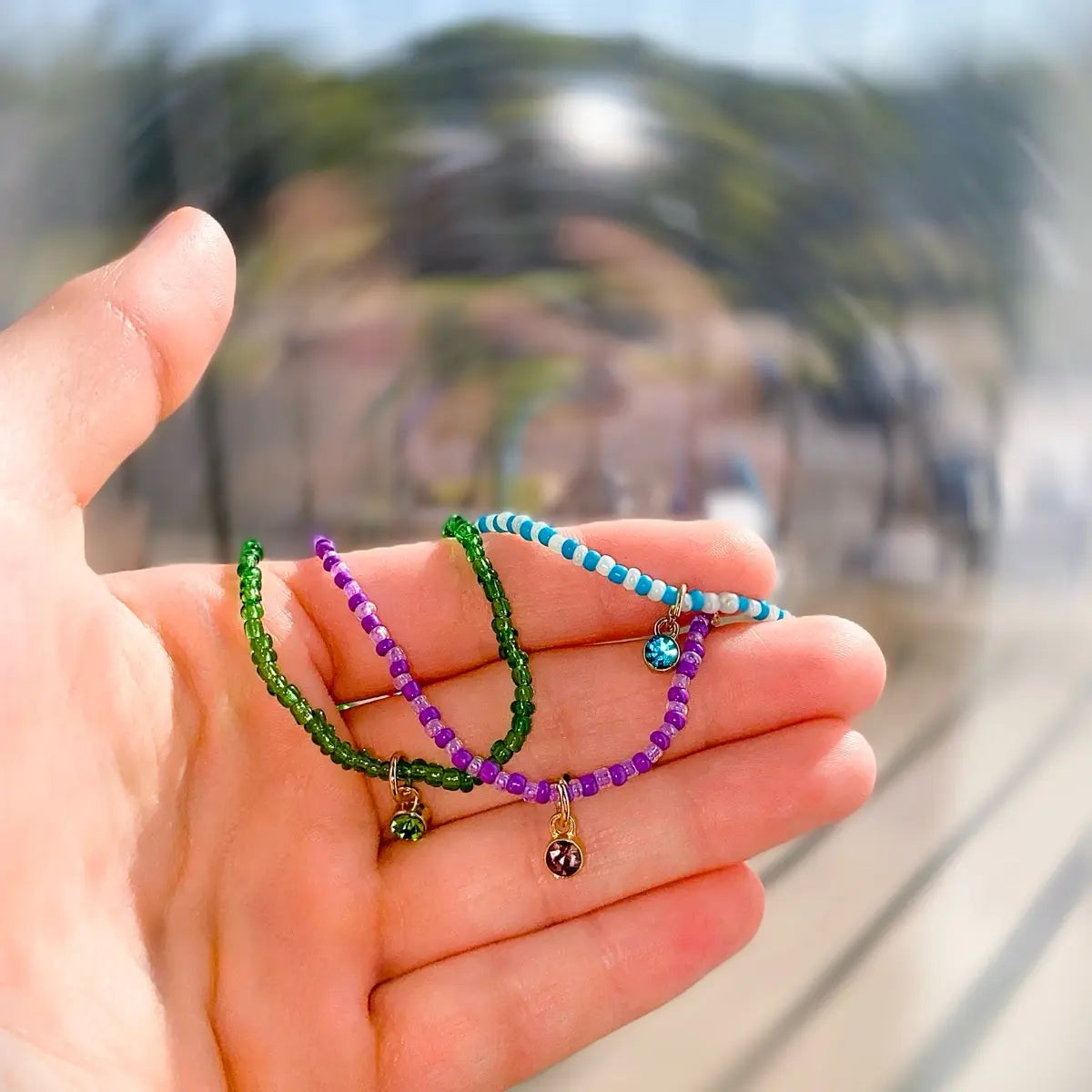 Indigo Z Creations Beaded Anklet Bracelet with Charm - Made with Elastic Band, Not Real Gems, Colorful Beads in Various Shapes