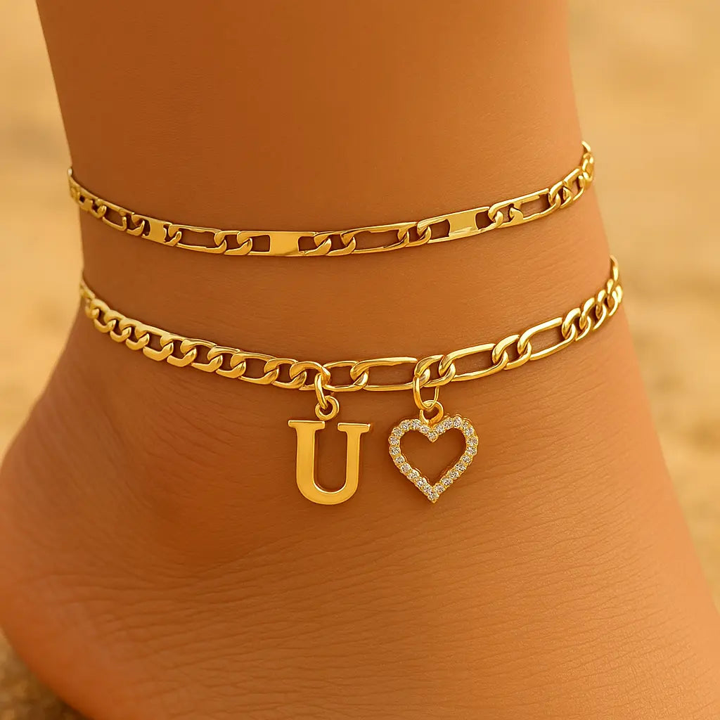 Women's Initial Heart Charm Anklet - Adjustable Gold-Plated Waterproof Anklets for Women with Gold Accents, Ideal for Summer Beach Wear or Romantic Gifting, Gold Accents Anklets