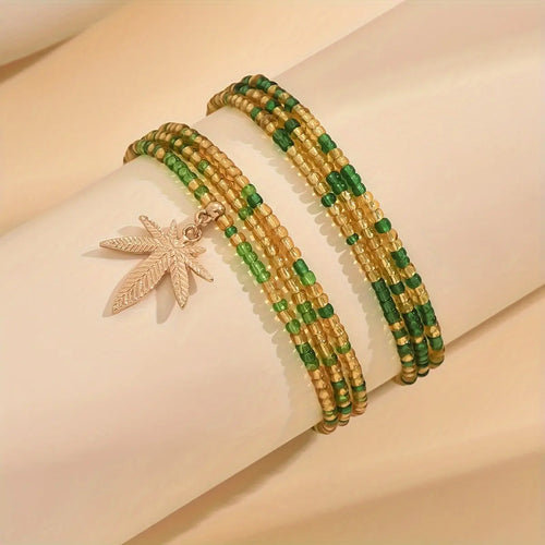 2Pcs Maple Leaf Pendant Anklet Set, Bohemian Colorful Beads Stackable Ankle Bracelet, Green Beads Multi-layer Mini Seed Beads Elastic Foot Chain Bracelet, Vacation Travel Summer Beach Foot Bracelet Jewelry
