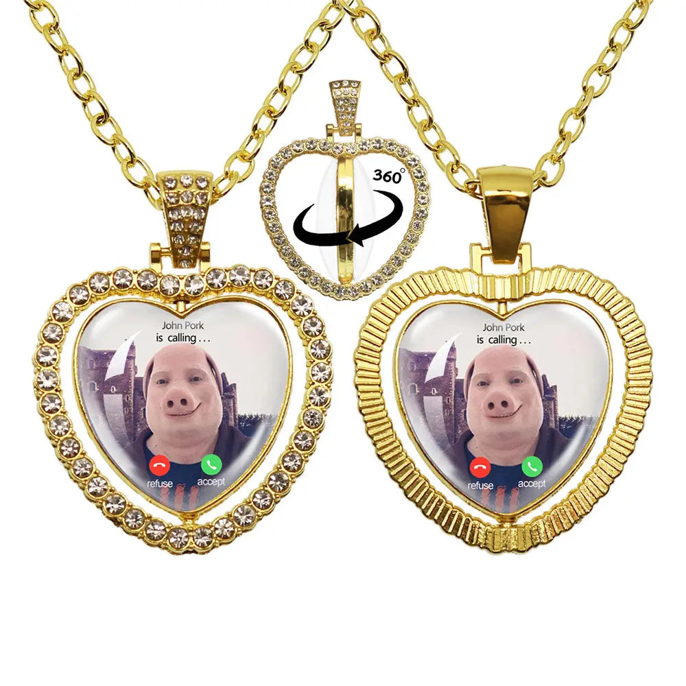 Whimsical John Pork Calling Phone Graphic Pig Necklace - Costume Jewelry for Women, Quirky Gift Accessories for Women, Moon Design POP Style Necklaces
