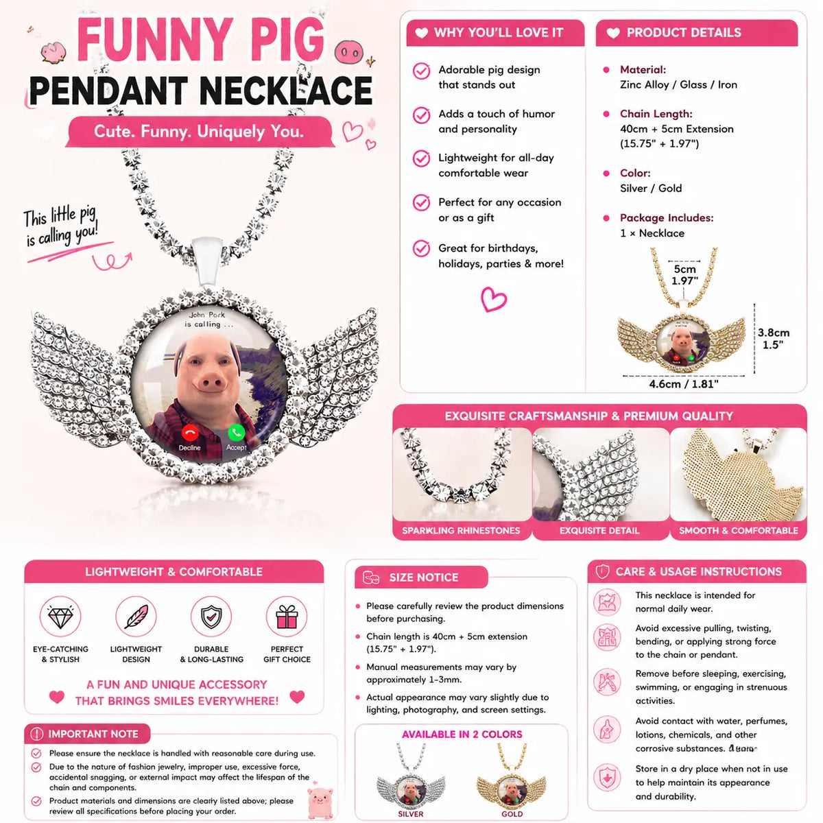 Whimsical John Pork Calling Phone Graphic Pig Necklace - Costume Jewelry for Women, Quirky Gift Accessories for Women, Moon Design POP Style Necklaces