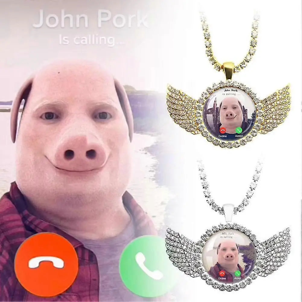 Whimsical John Pork Calling Phone Graphic Pig Necklace - Costume Jewelry for Women, Quirky Gift Accessories for Women, Moon Design POP Style Necklaces