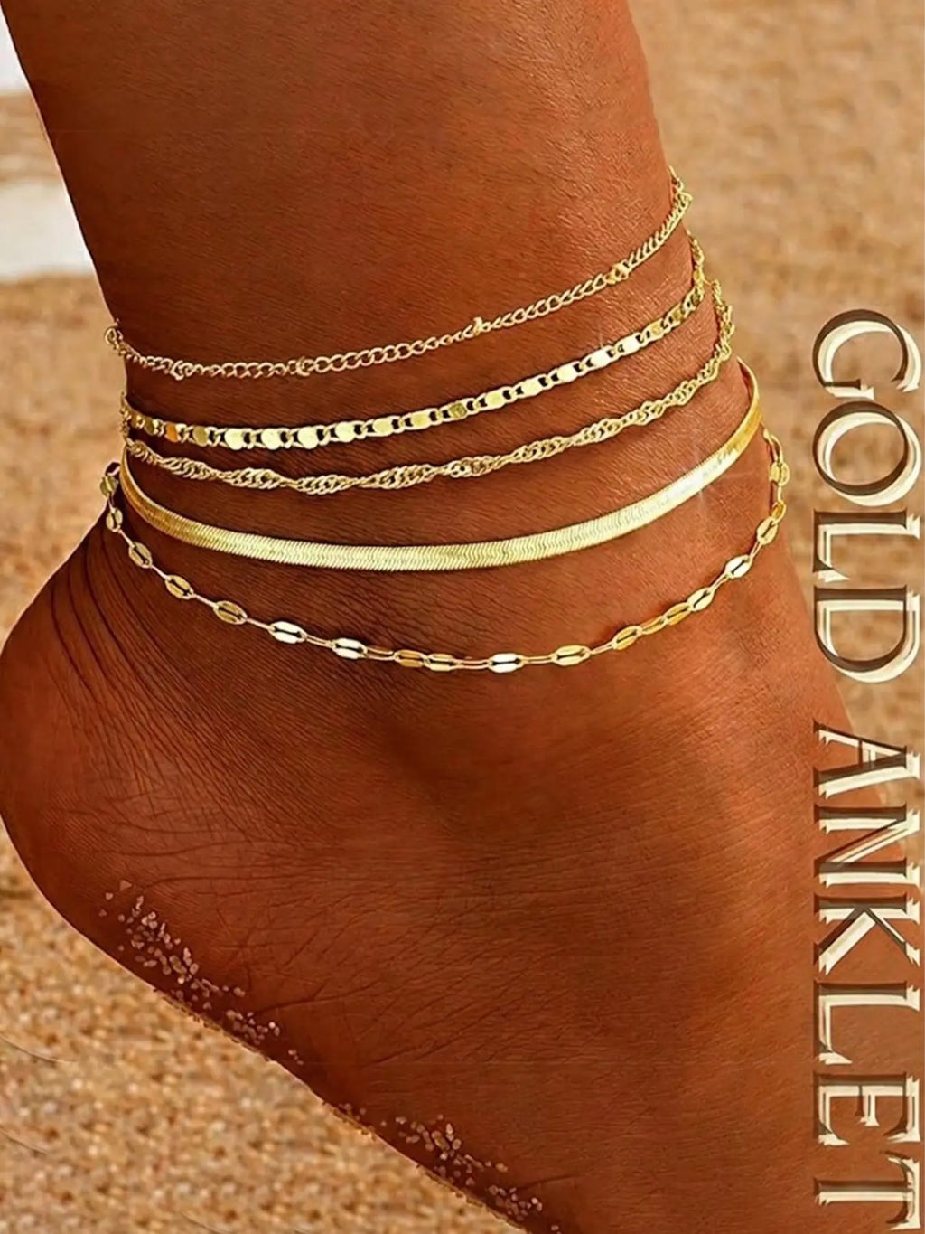 5pcs/set Multilayer Bohemian Style Snake Chain & Lotus Chain Anklet Bracelet Set, Adjustable Summer Beach Jewelry, Layered Anklet, Boho Anklet, Foot Jewelry