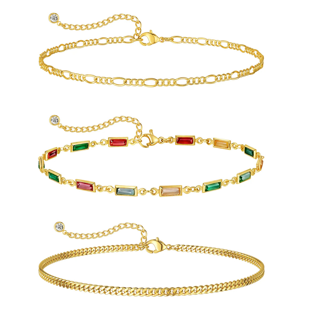 Pancert Women's 3-Layer Metal Coating Anklets - Cuba, Figaro, Golden Pearl Designs, 21cm+4cm Extender, Tarnish Proof Jewelry, Anklets for Women