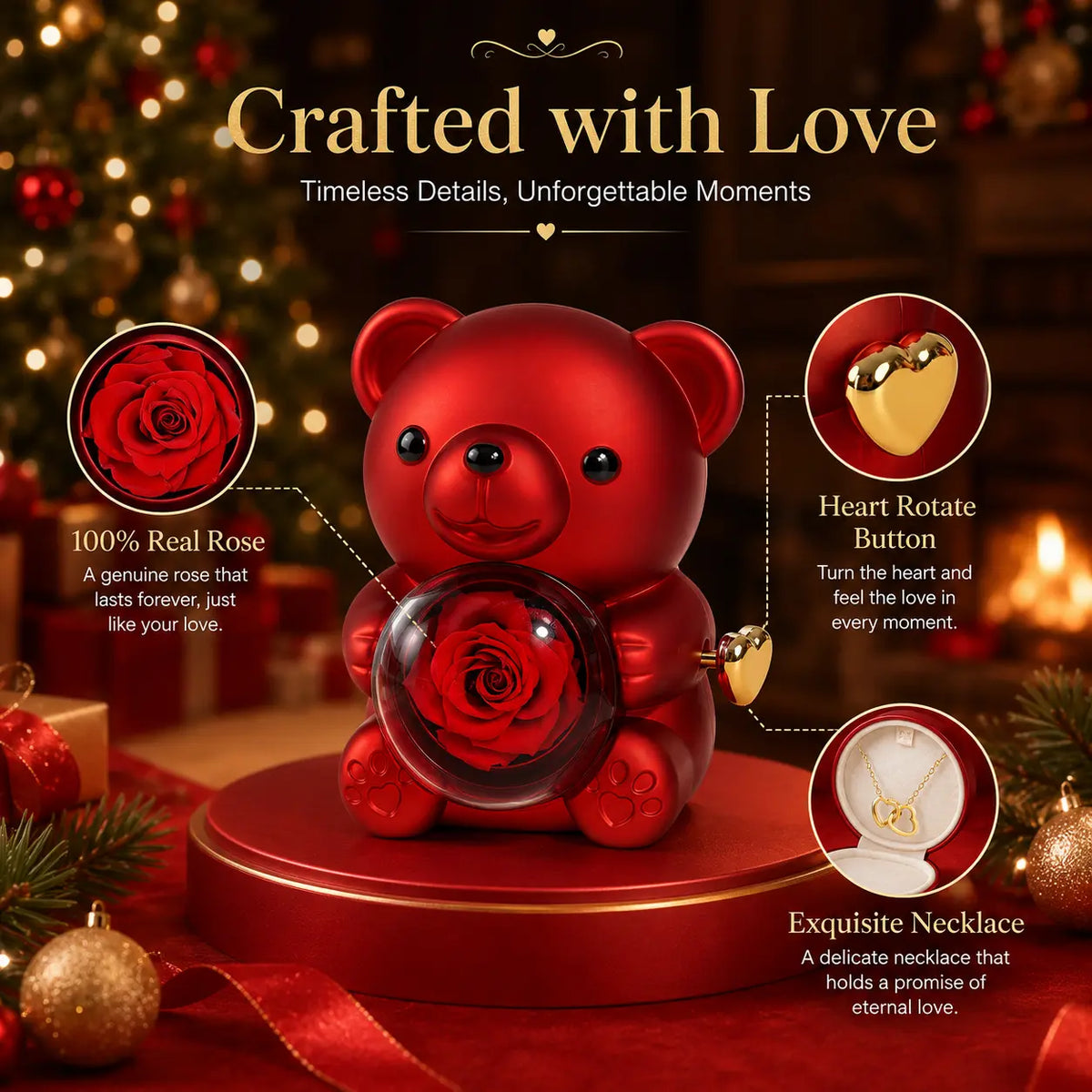 【Necklace Included】Cute Teddy Bear with Preserved Rose & Adorable Stuffed Bouquet - Personalized Present with Gift Box Design - Customizable Anniversary Gifts for Her Festive Party Supply Customizable Gift Gift Box Set,sohochic