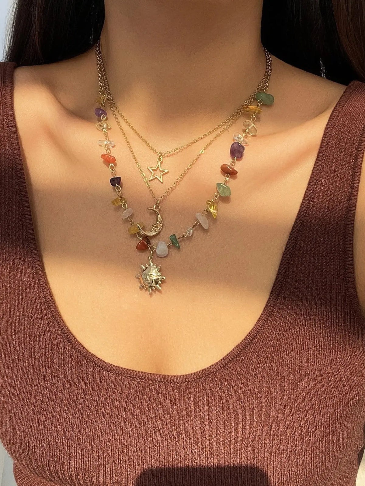 Women's Boho Style Beaded & Pendant Necklace, Vintage Trendy Beaded & Pendant Necklace, Fashionable Jewelry for Women As Gift without Box, Celestial Necklace, Beaded Chains, Casual Style Necklaces, Beach Boho Necklace