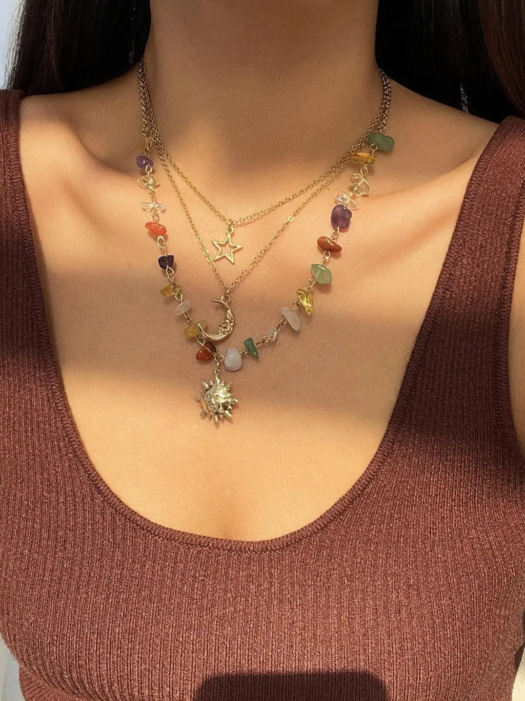 Women's Boho Style Beaded & Pendant Necklace, Vintage Trendy Beaded & Pendant Necklace, Fashionable Jewelry for Women As Gift without Box, Celestial Necklace, Beaded Chains, Casual Style Necklaces, Beach Boho Necklace