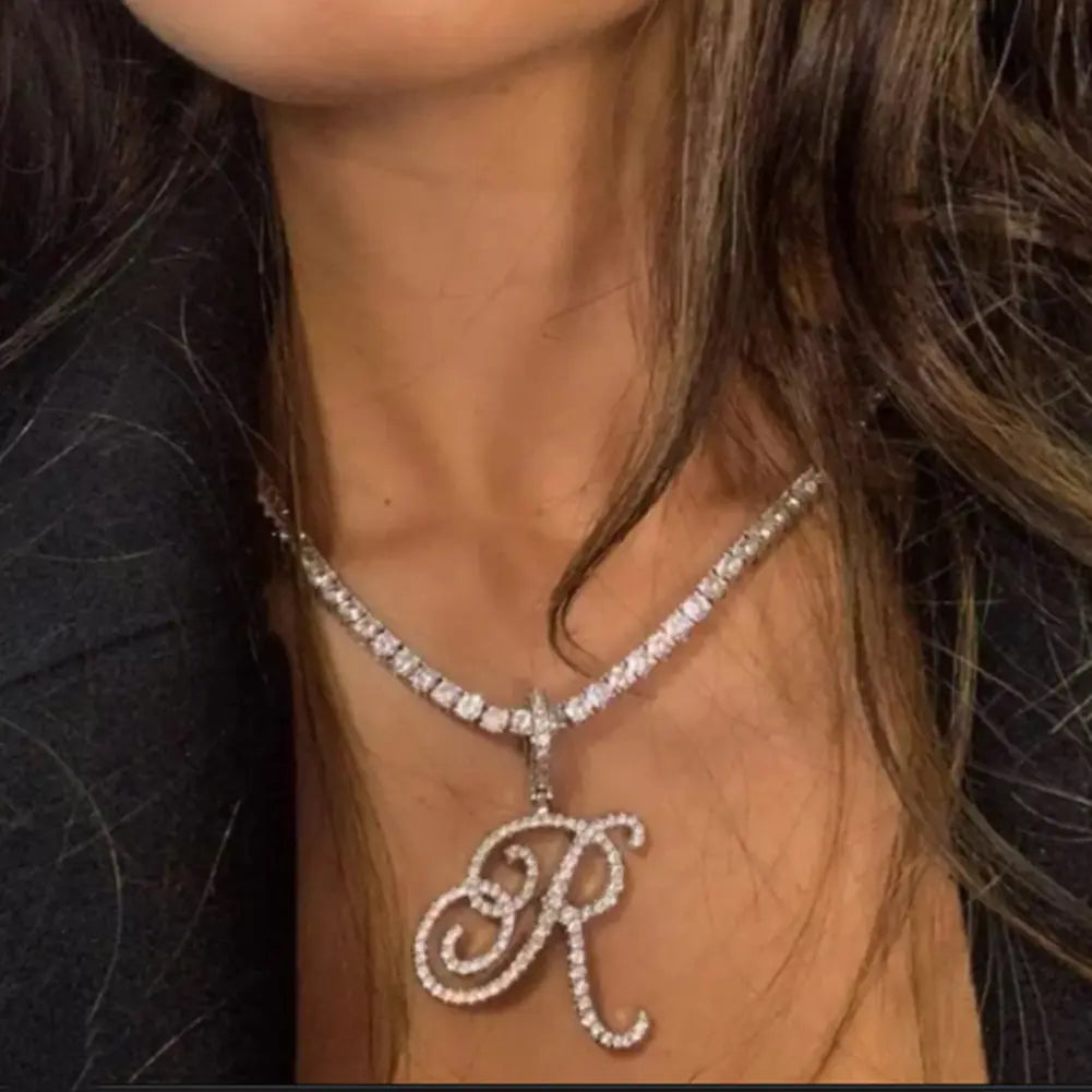New Chunky Letter Cursive Cubic Zirconia Initial Necklace - 26 Alphabet Pendant, Gold-Silver Color, Hip Hop Costume Jewelry Necklaces, Fashion Accessory, Initial Necklaces