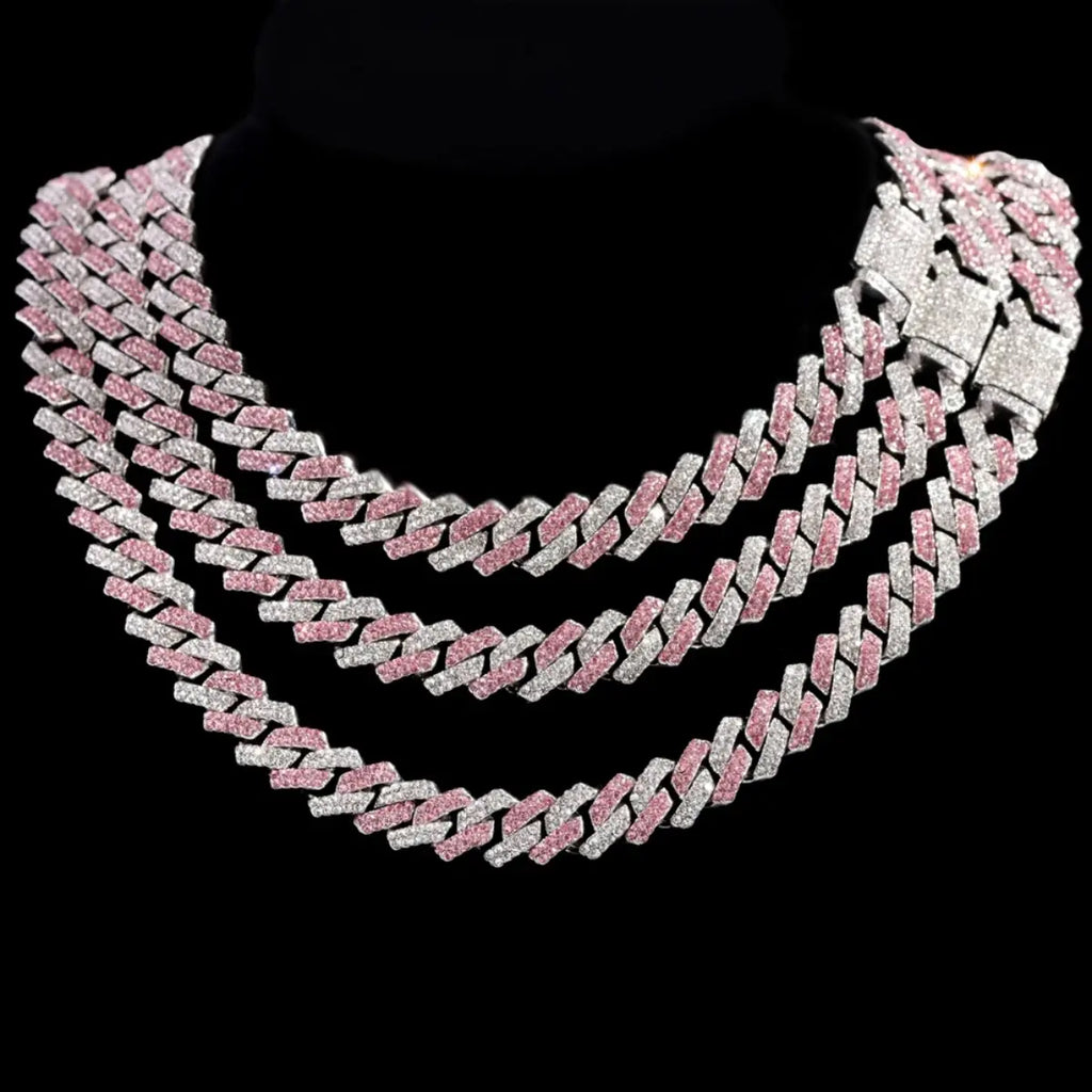 Pink Blue Cuban Link Necklace Small Flip Cubic Zirconia Unisex Hip Hop Chain Jewelry for Couples Daily Wear Party