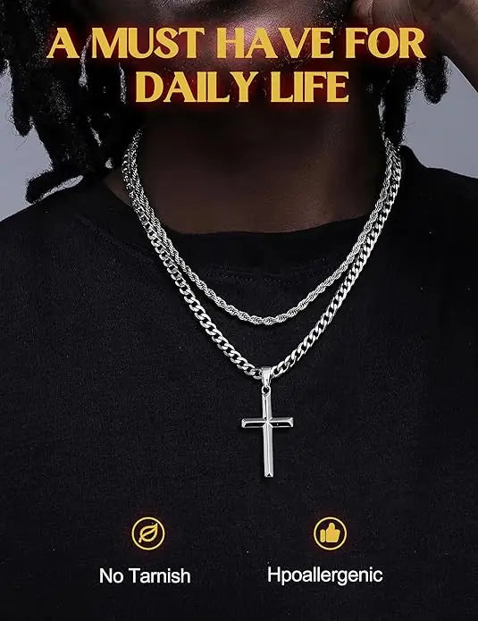 2pcs/set Cross Necklace for Men -Double Layered Cross Pendant Necklaces Waterproof Stainless Steel Cuban Link Rope Chain  Necklace Stack Jewelry 21.65&23.62 Inches