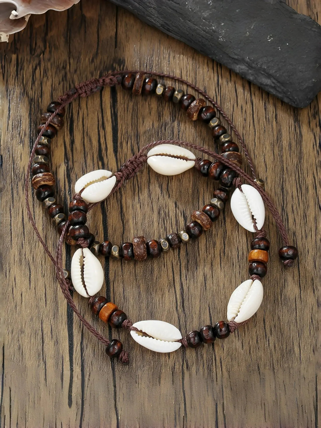 Boho Ethnic Shell Wood Bead Coconut Shell Anklet, Adjustable Woven Beach Vacation Bracelet, Men's Fashion Foot Jewelry, Fashionable Accessory