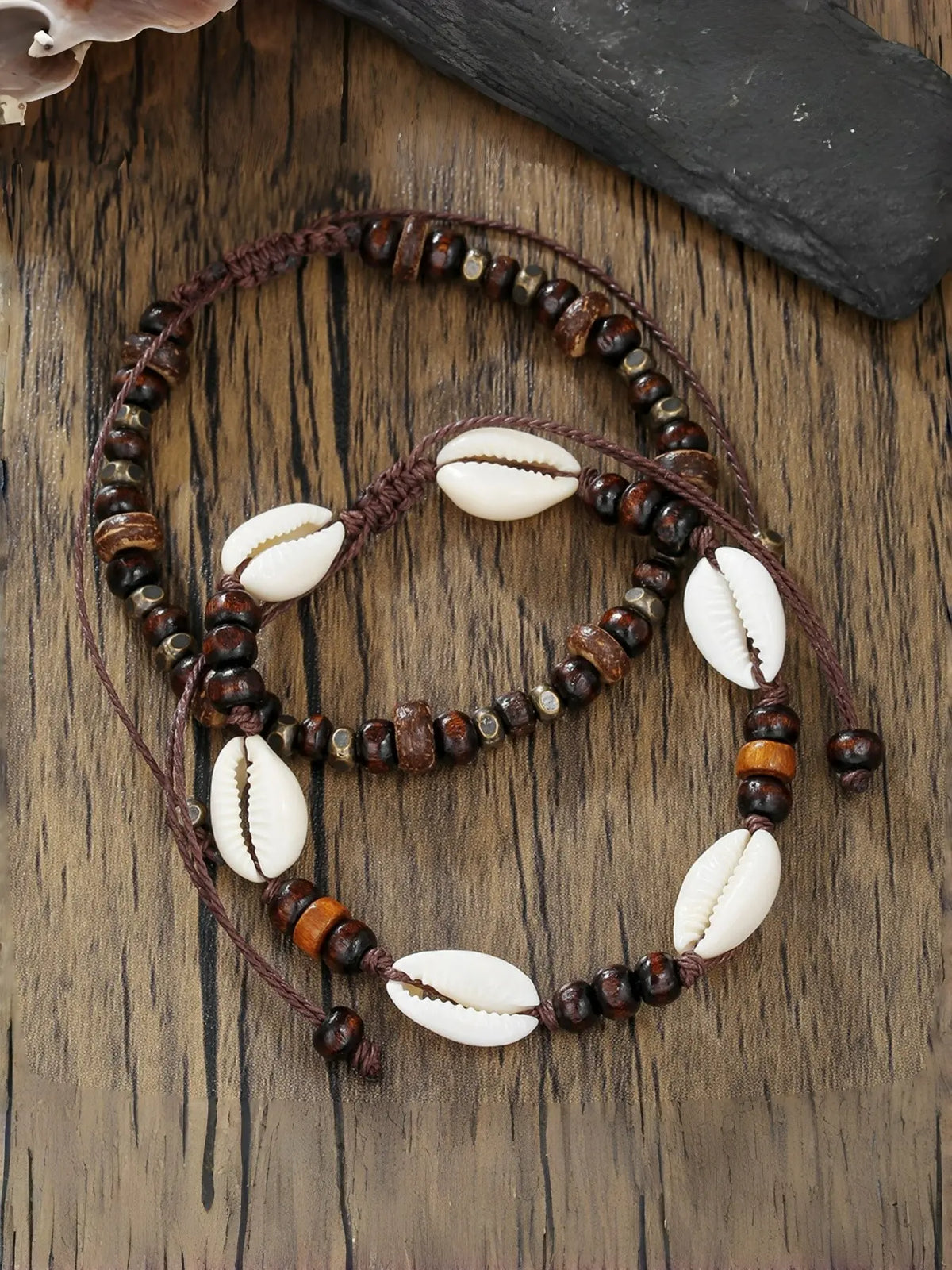 Boho Ethnic Shell Wood Bead Coconut Shell Anklet, Adjustable Woven Beach Vacation Bracelet, Men's Fashion Foot Jewelry, Fashionable Accessory