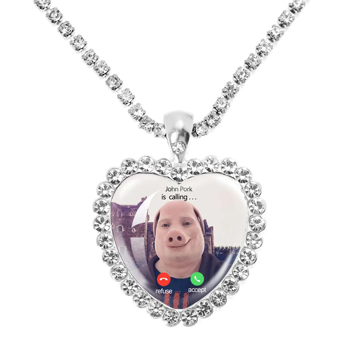 Whimsical John Pork Calling Phone Graphic Pig Necklace - Costume Jewelry for Women, Quirky Gift Accessories for Women, Moon Design POP Style Necklaces