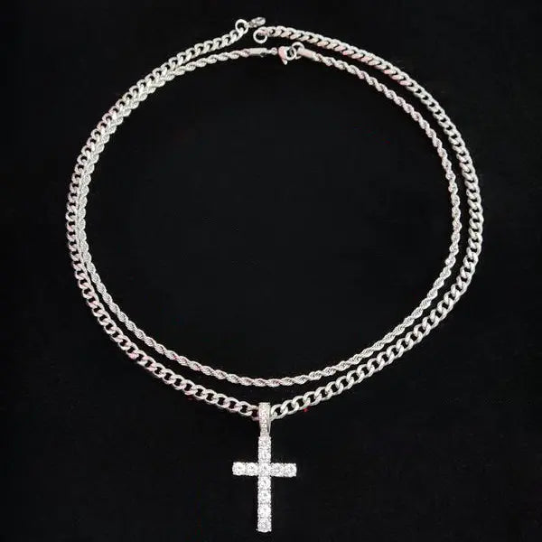 Men's Stainless Steel Double Cuban Link Chain Necklace - Iced Out Chunky Chain Jewelry, Double Layer Cross Clavicle Ornament, Hip-Hop Style Concert Accessory with High Quality Look