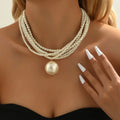 Luxurious Multi-Layer Bead Necklace Large Faux Pearl Round Pendant Elegant Women Handmade Stackable Artificial Pearls Necklace Vintage Adjustable Clavicle Chain Party Birthday Wedding Engagement Anniversary Jewelry