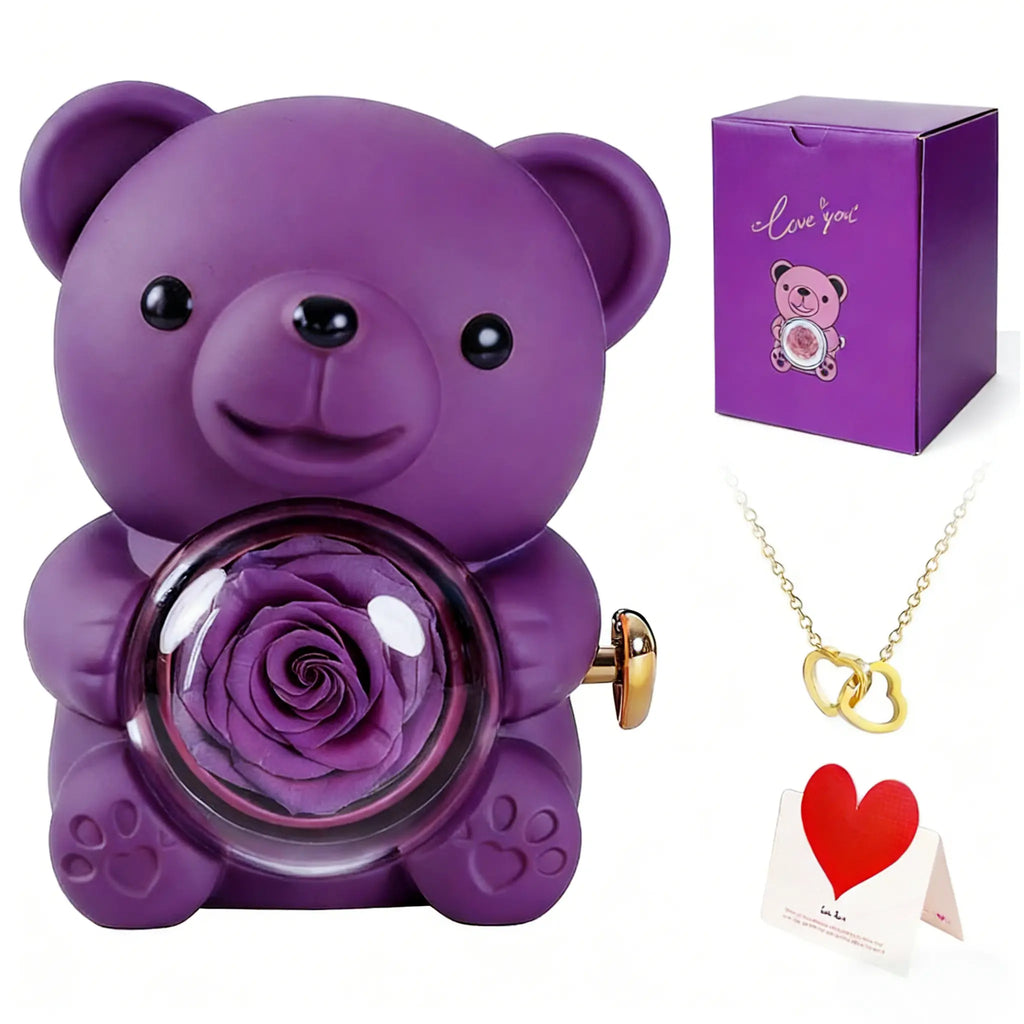 【Necklace Included】Cute Teddy Bear with Preserved Rose & Adorable Stuffed Bouquet - Personalized Present with Gift Box Design - Customizable Anniversary Gifts for Her Festive Party Supply Customizable Gift Gift Box Set,sohochic