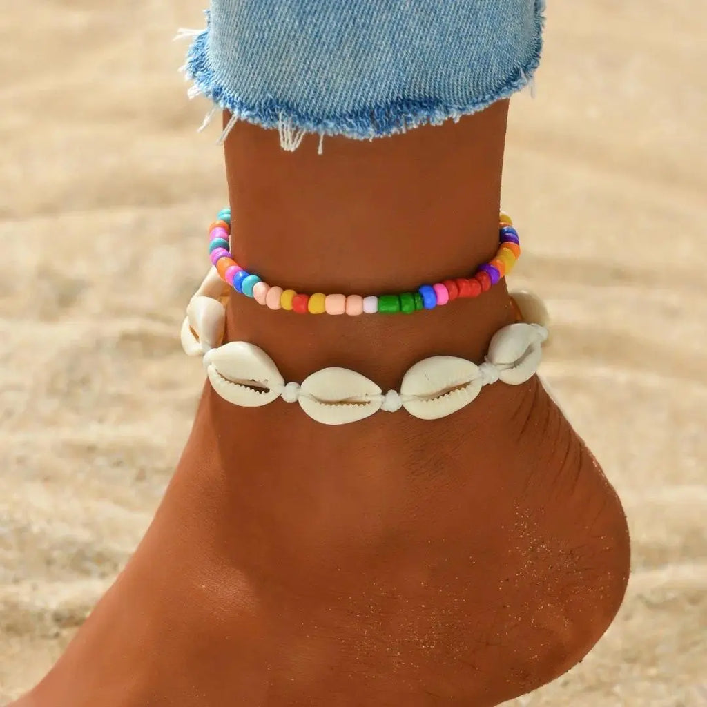 2PCS Bohemia Natural Shell Anklets For Women Small Resin Beads Summer Beach Shell Barefoot Ankle Bracelet Leg Chain Foot Jewelry
