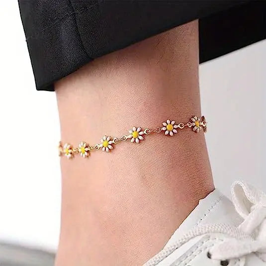 Teen Girls' 1pc Chrysanthemum Daisy Chain Metal Anklet - Trendy Fashionable Jewelry Accessories, Flowers Design, Adds Polished Shine, Summer Daily Costume Jewelry Gift