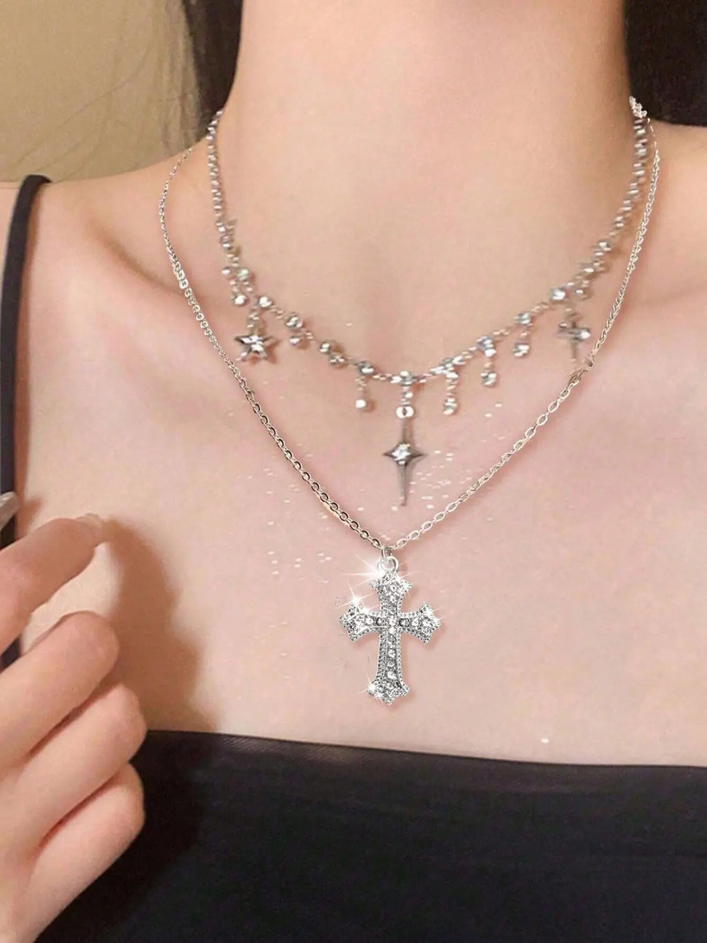 Women's Y2K Multi-Layer Necklace Set, Sparkling Zirconia Gothic Cross Pendant & Star Charm, Elegant Fashion Jewelry for Women, Exquisite Chain Jewelry, Cross Necklaces, Costume Necklaces, Fashion Jewelry Party