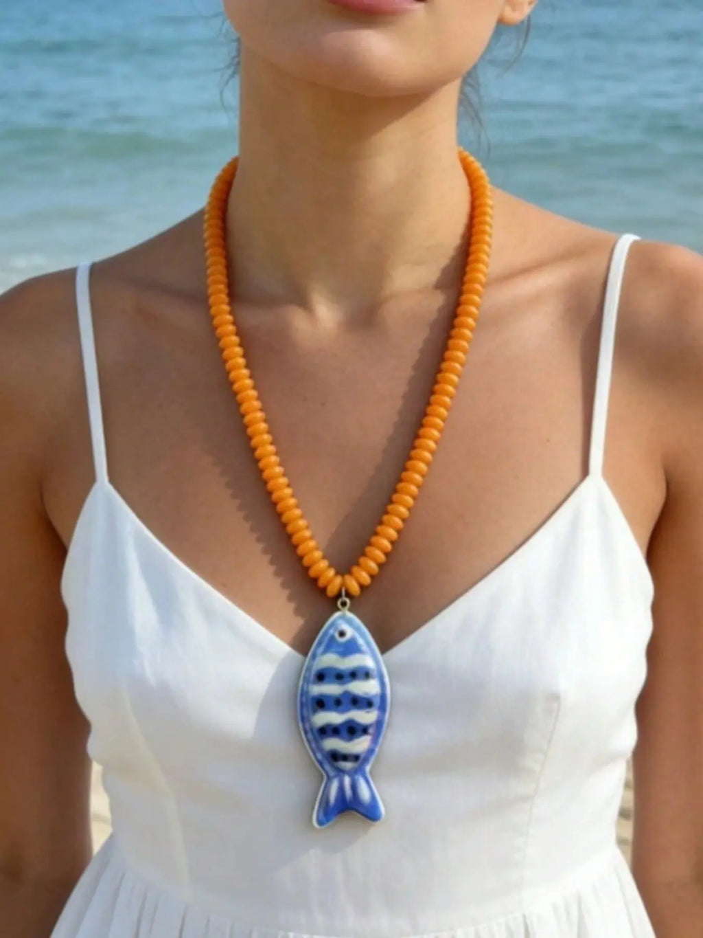 ZA Women's Handpainted Fish Pendant Beaded Necklace, Boho Necklaces, Multicolor Bohemian Ocean Style, Summer Beach.
