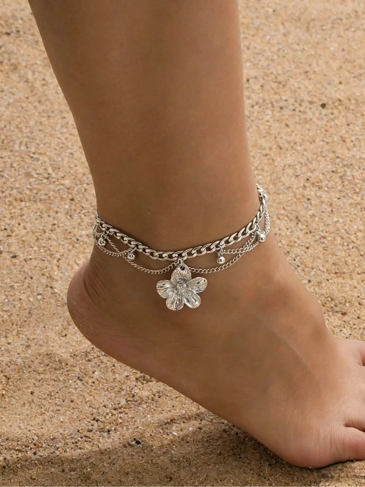Fringe Gold Flower Pendant Multi-Layer Boho Anklet for Women, Elegant Foot Jewelry, Beach & Daily Wear Accessory, Fashion Accessories