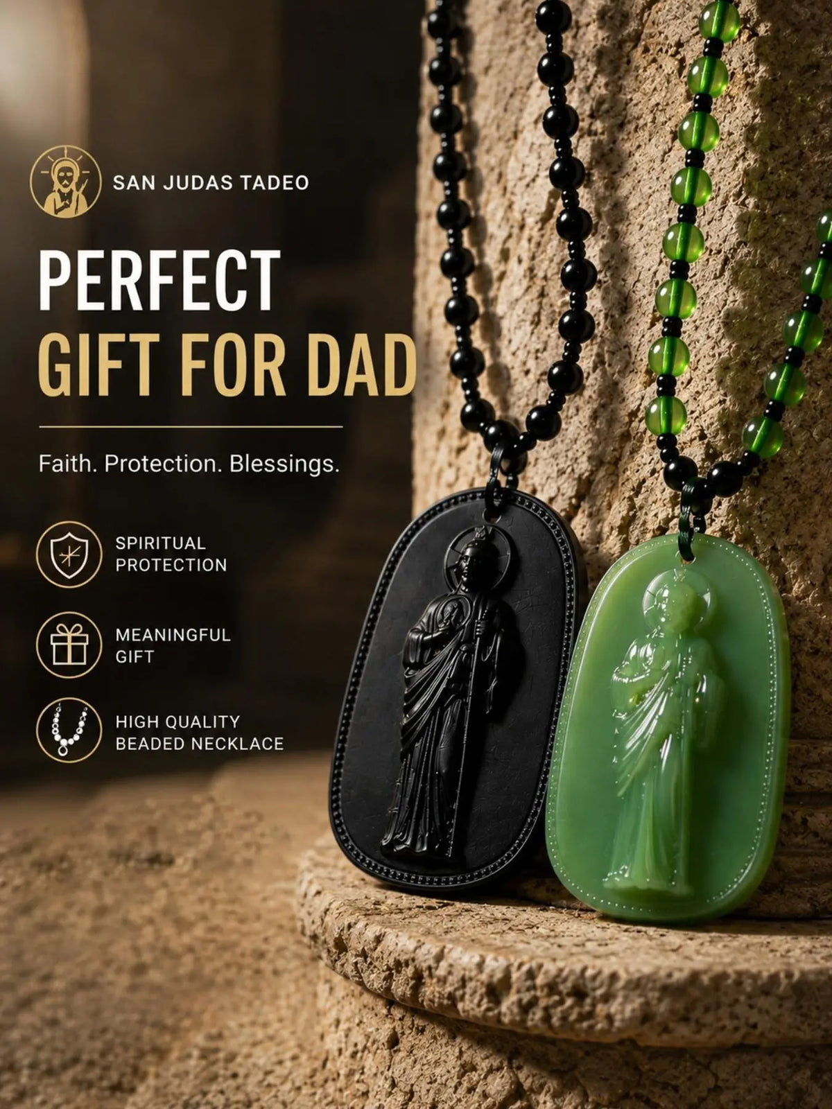 Saint Jude Pendant Necklace, Vintage Guardian Figure Carving Pendant, Gothic Atmosphere Beaded Necklace, Catholic Christian Religious Jewelry，San Judas Tadeo, Collar San Judas, Men's Necklace，Pendants of Jesus and Our Lady of Guadalupe, Catholic
