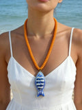 ZA Women's Handpainted Fish Pendant Beaded Necklace, Boho Necklaces, Multicolor Bohemian Ocean Style, Summer Beach.
