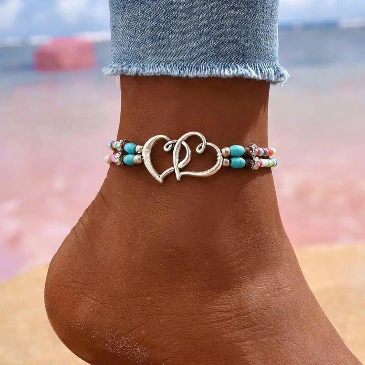 Women's 3-Piece Boho Chic Beaded Heart Charm Multi-Layer Anklets - Bohemian Body Jewelry with Exquisite Double-Layer Design, Ideal for Summer Vacation, Beach, Fashion Gift