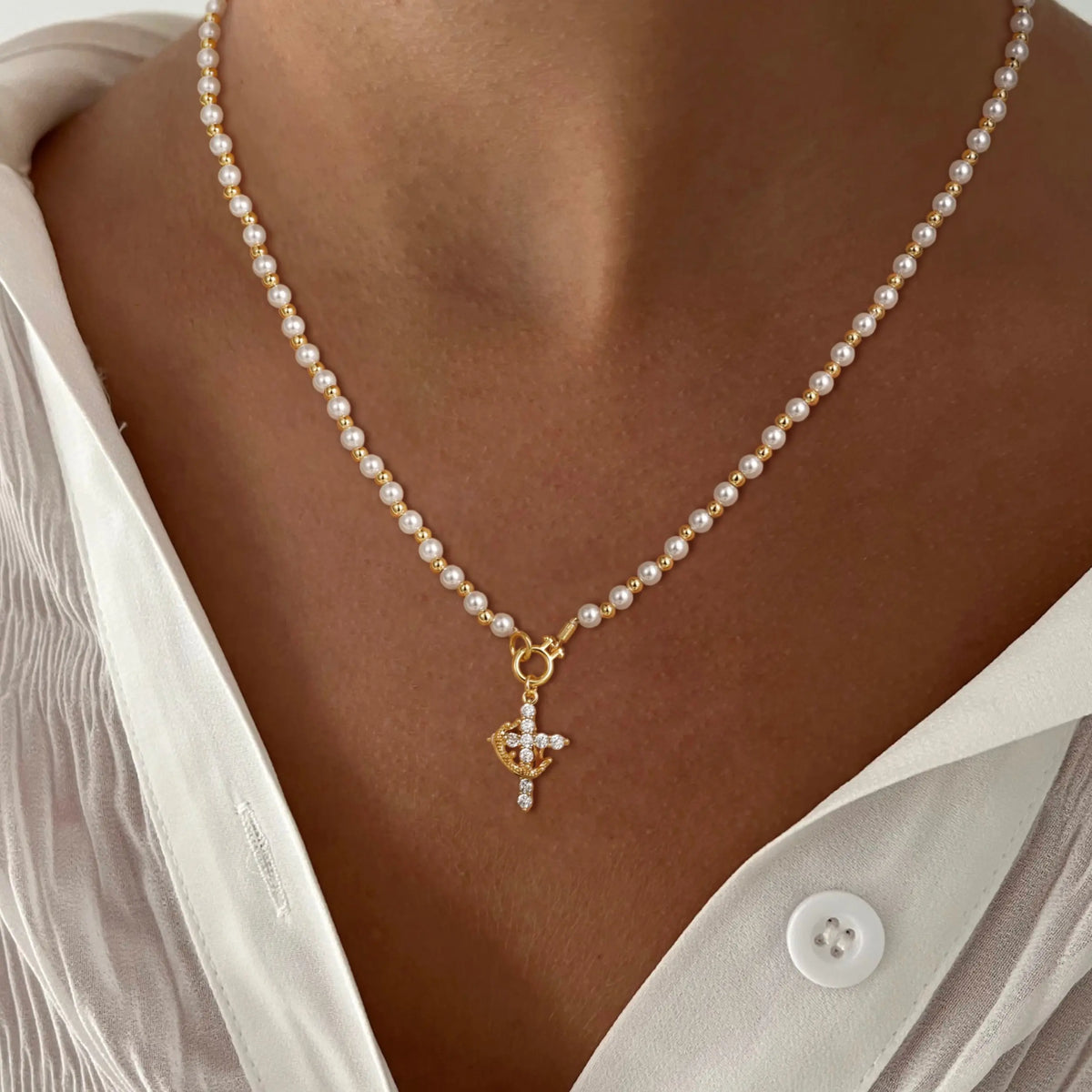Tewiky Gold Pearl Beaded Crown Cross Necklace for Women, 4mm Pearls 3mm Beads Dainty Layered Style Jewelry Gift For Easter Back To School