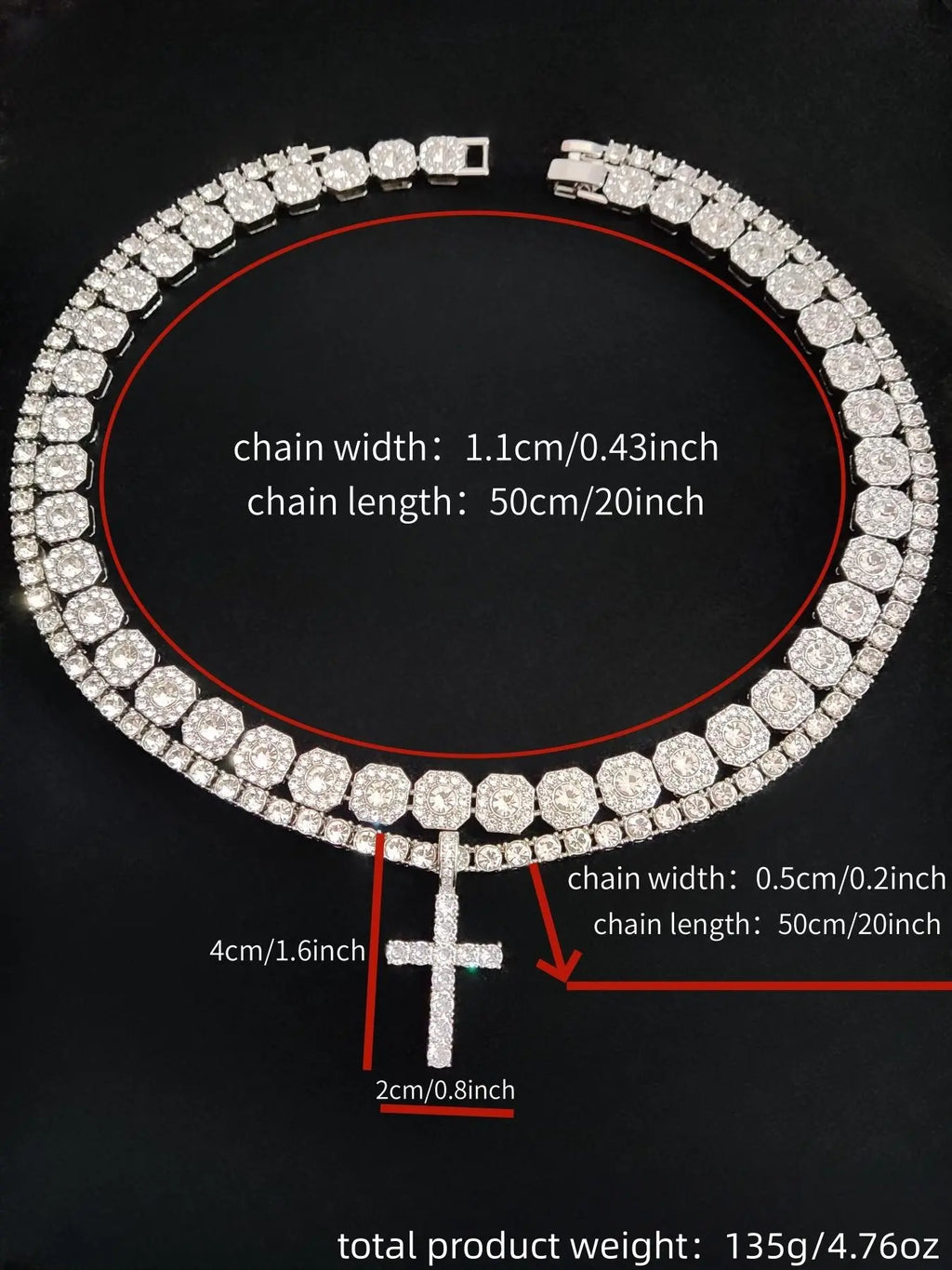Men's Street Style Artificial Zircon Inlaid Cross Pendant & Cuban Links Chain Necklace, Fashion Jewelry for Party, Daily Decor, Trendy All-match & Exquisite Jewelry for Birthday Gift