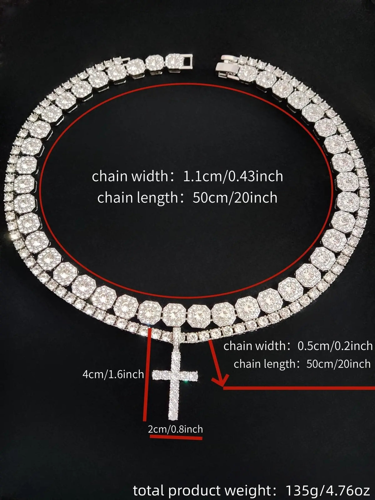 Men's Street Style Artificial Zircon Inlaid Cross Pendant & Cuban Links Chain Necklace, Fashion Jewelry for Party, Daily Decor, Trendy All-match & Exquisite Jewelry for Birthday Gift