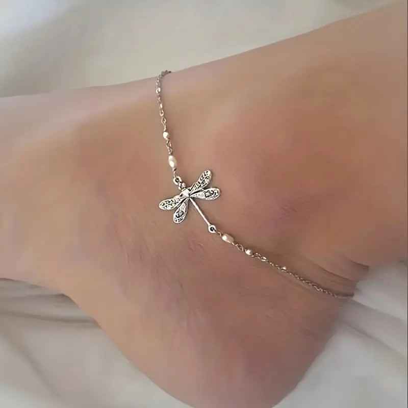 Elegant Bohemian Dragonfly Anklet - Vintage-Inspired Alloy Foot Chain with Delicate Bead Accents, Perfect for Daily Wear & Parties body jewelry