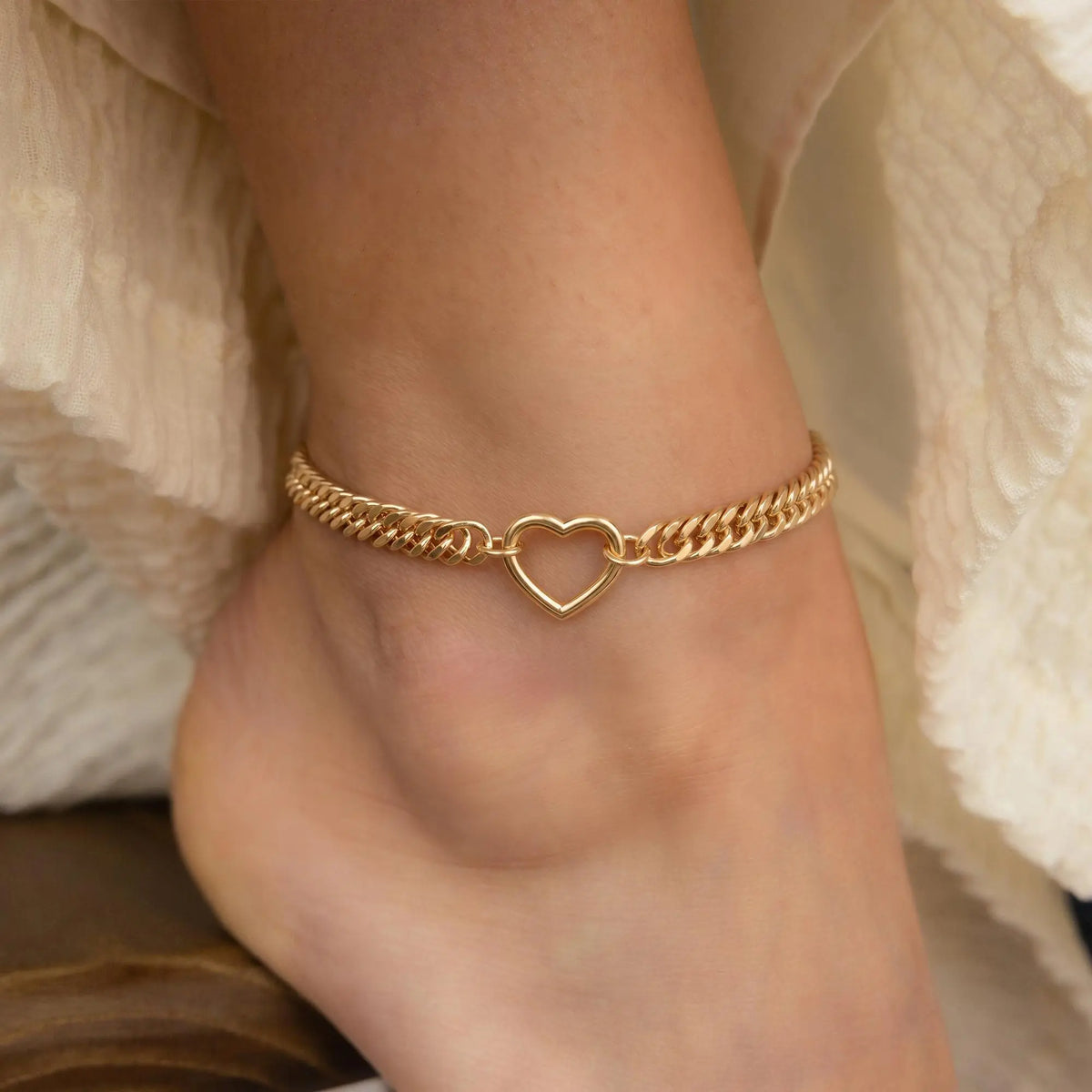 FREEKISS Gold Cuban Ankle Bracelet for Women, Double-Line Faceted Smooth Hollow Heart,Jewelry gift, Fashionable and Exquisite Women's Ankle Bracelet, Suitable for Various Occasions
