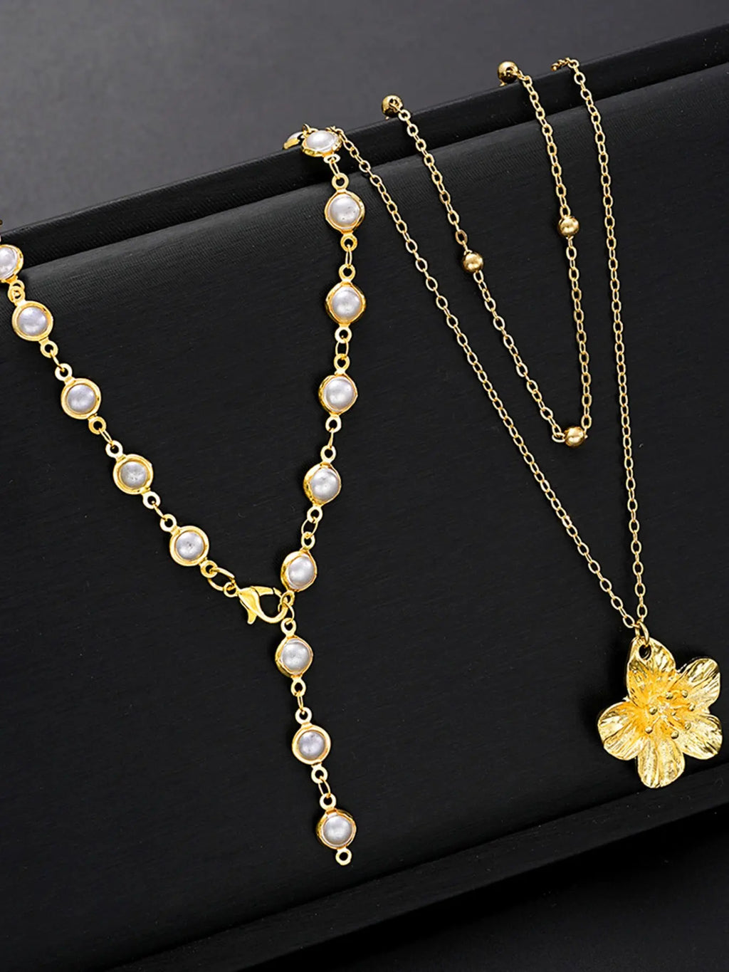 2 Pcs Vintage Bohemian Metal & Faux Pearl Flower Pendant Necklace Set, Summer Style Jewelry, Boho Style Necklace, Y-Shaped Chain, Ideal for Daily Wear and Beach Vacations