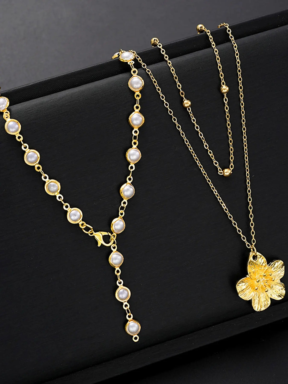 2 Pcs Vintage Bohemian Metal & Faux Pearl Flower Pendant Necklace Set, Summer Style Jewelry, Boho Style Necklace, Y-Shaped Chain, Ideal for Daily Wear and Beach Vacations