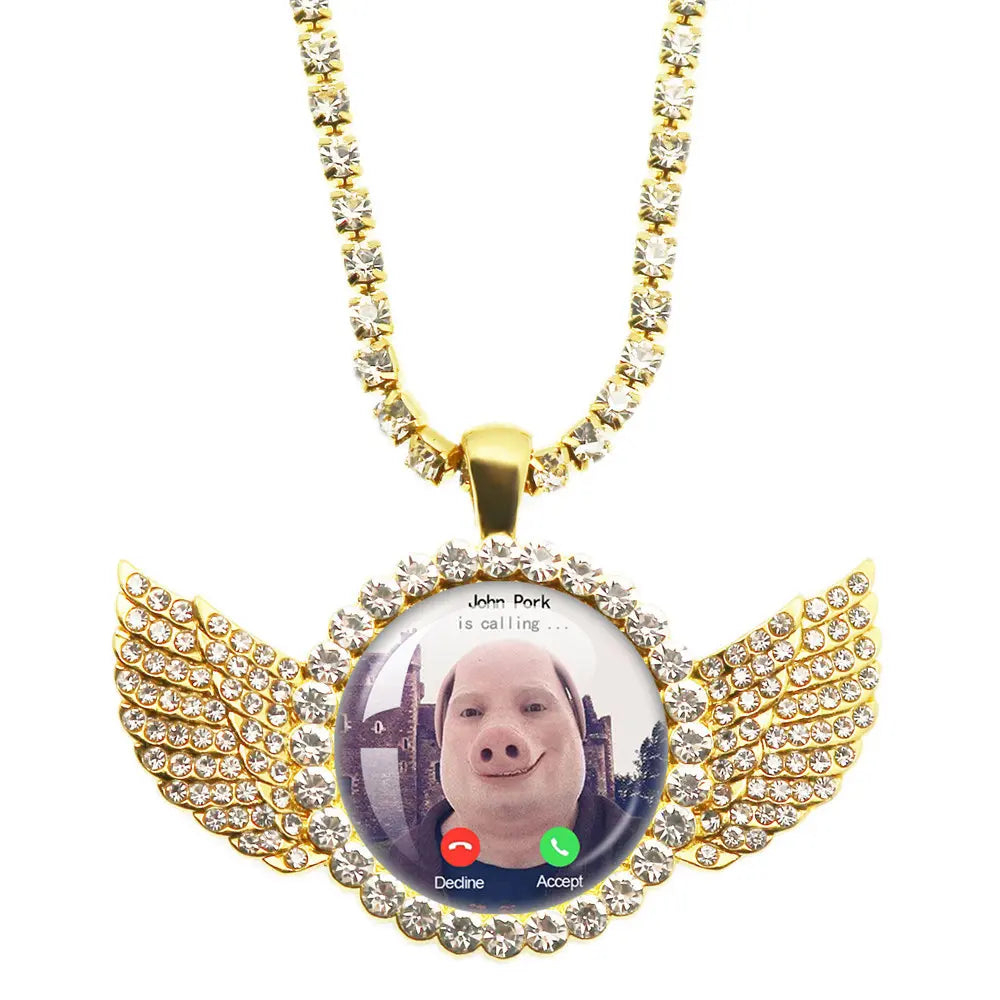 Whimsical John Pork Calling Phone Graphic Pig Necklace - Costume Jewelry for Women, Quirky Gift Accessories for Women, Moon Design POP Style Necklaces
