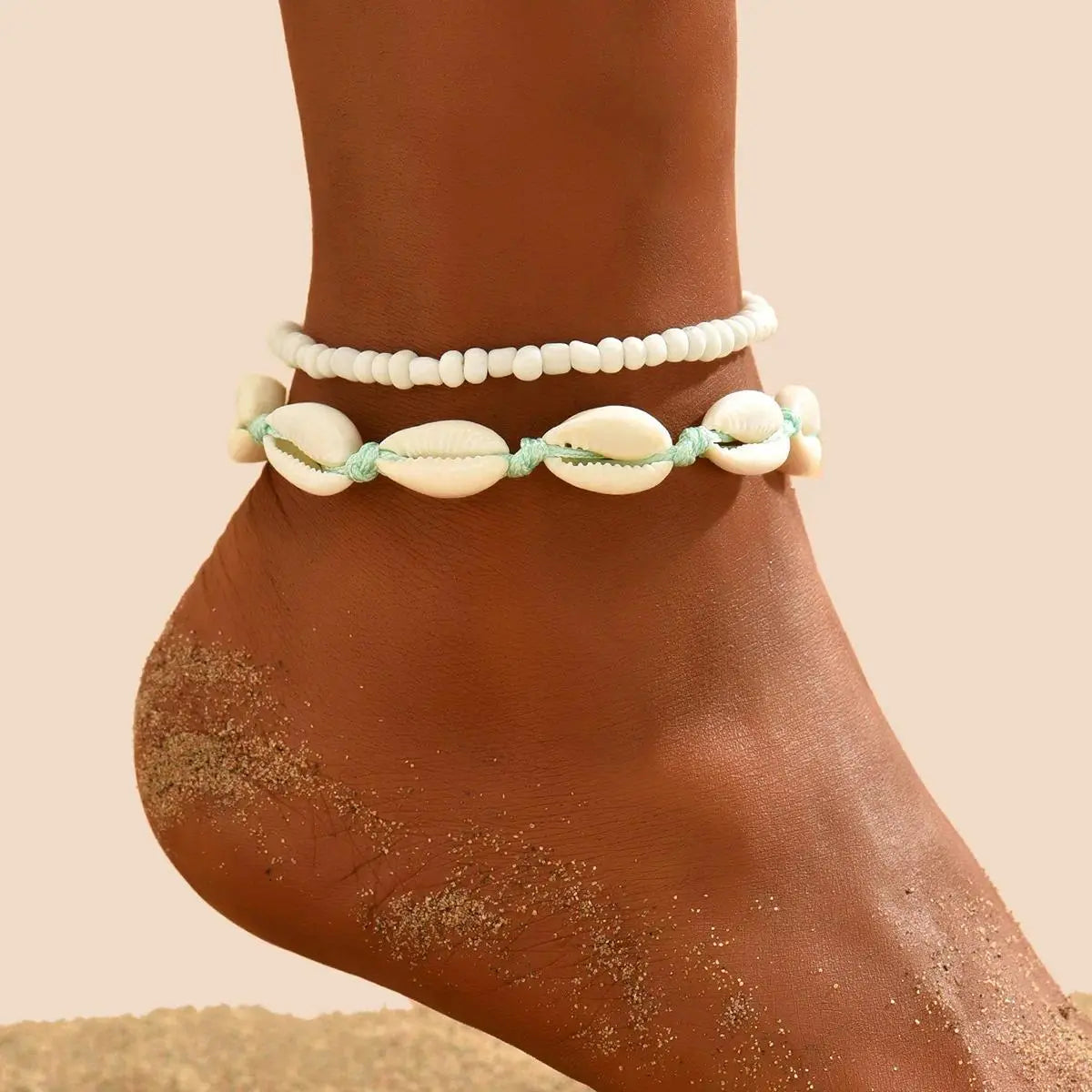 2PCS Bohemia Natural Shell Anklets For Women Small Resin Beads Summer Beach Shell Barefoot Ankle Bracelet Leg Chain Foot Jewelry