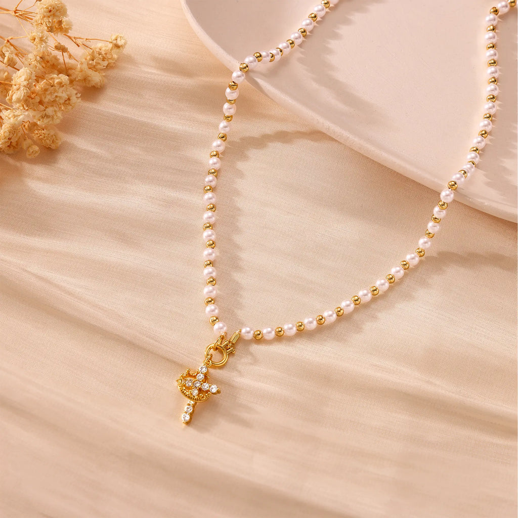 Tewiky Gold Pearl Beaded Crown Cross Necklace for Women, 4mm Pearls 3mm Beads Dainty Layered Style Jewelry Gift For Easter Back To School