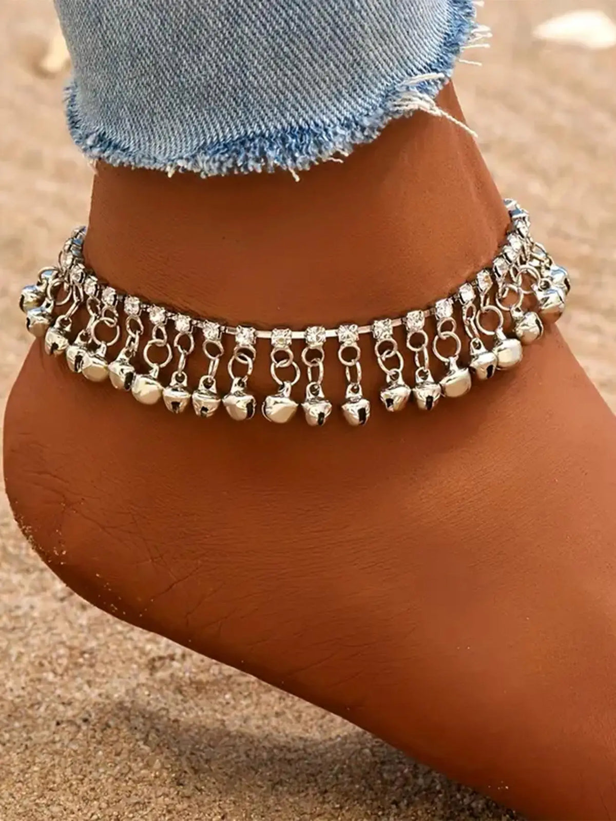 1 Pc Boho Style Rhinestone & Bell Tassel Decor Anklet, Vintage Alloy Anklet for Women & Girls, Foot Jewelry, Trendy Jewelry for Party and Daily Wear, Perfect Birthday Gift