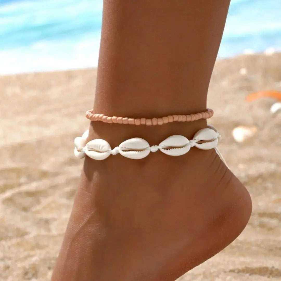 2PCS Bohemia Natural Shell Anklets For Women Small Resin Beads Summer Beach Shell Barefoot Ankle Bracelet Leg Chain Foot Jewelry