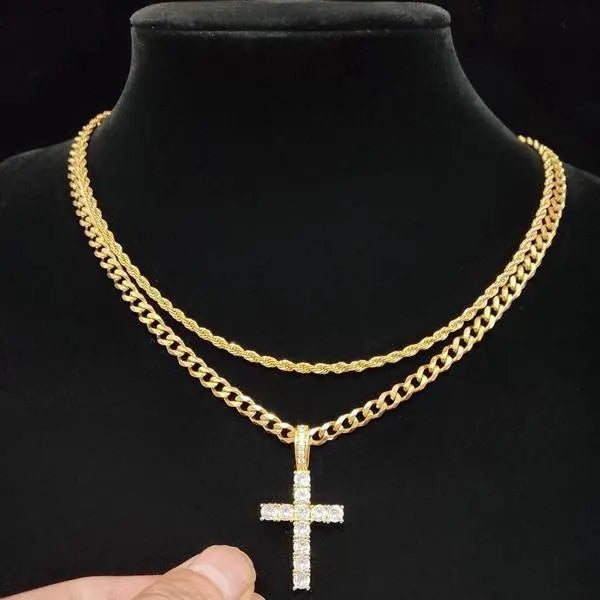 Men's Stainless Steel Double Cuban Link Chain Necklace - Iced Out Chunky Chain Jewelry, Double Layer Cross Clavicle Ornament, Hip-Hop Style Concert Accessory with High Quality Look
