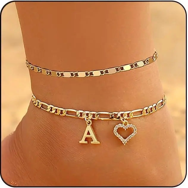 Women's Initial Heart Charm Anklet - Adjustable Gold-Plated Waterproof Anklets for Women with Gold Accents, Ideal for Summer Beach Wear or Romantic Gifting, Gold Accents Anklets