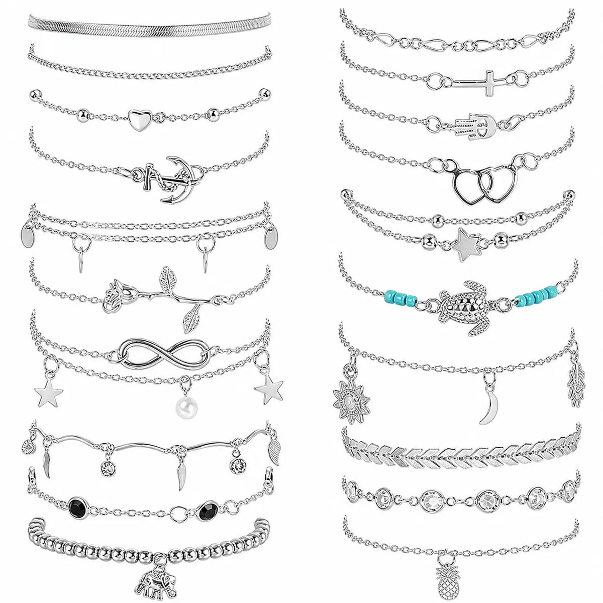 20Pcs Ankle Bracelets for Women Adjustable Beach Anklet Set Surfer Anklet Heart Star Turtle Infinite Anklets Foot Jewelry