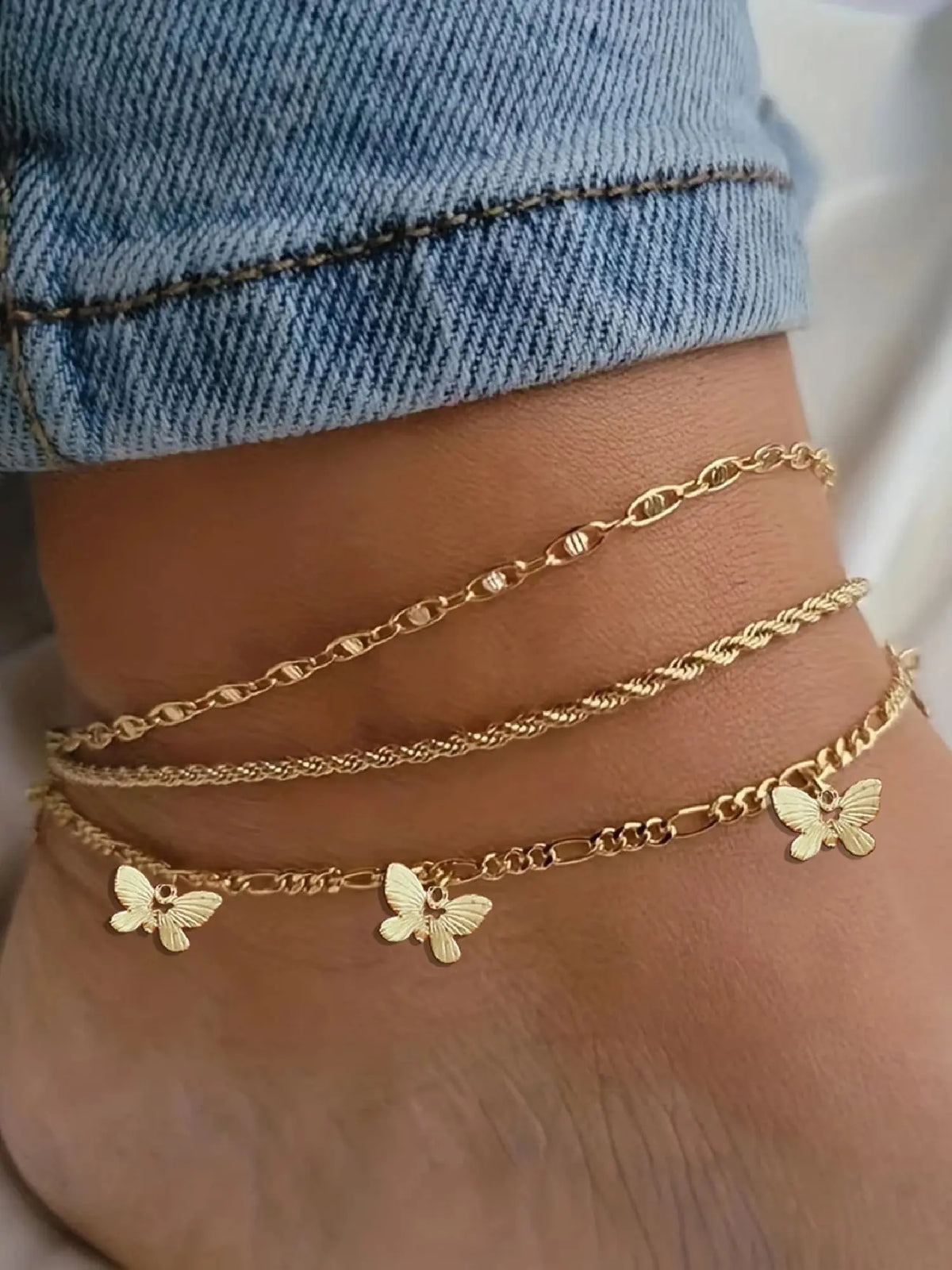 3-Piece Retro Boho Butterfly Chain Ankle Bracelet Set, Casual Copper Anklets for Summer Parties, Ideal Gift, Trendy Fashionable Accessories