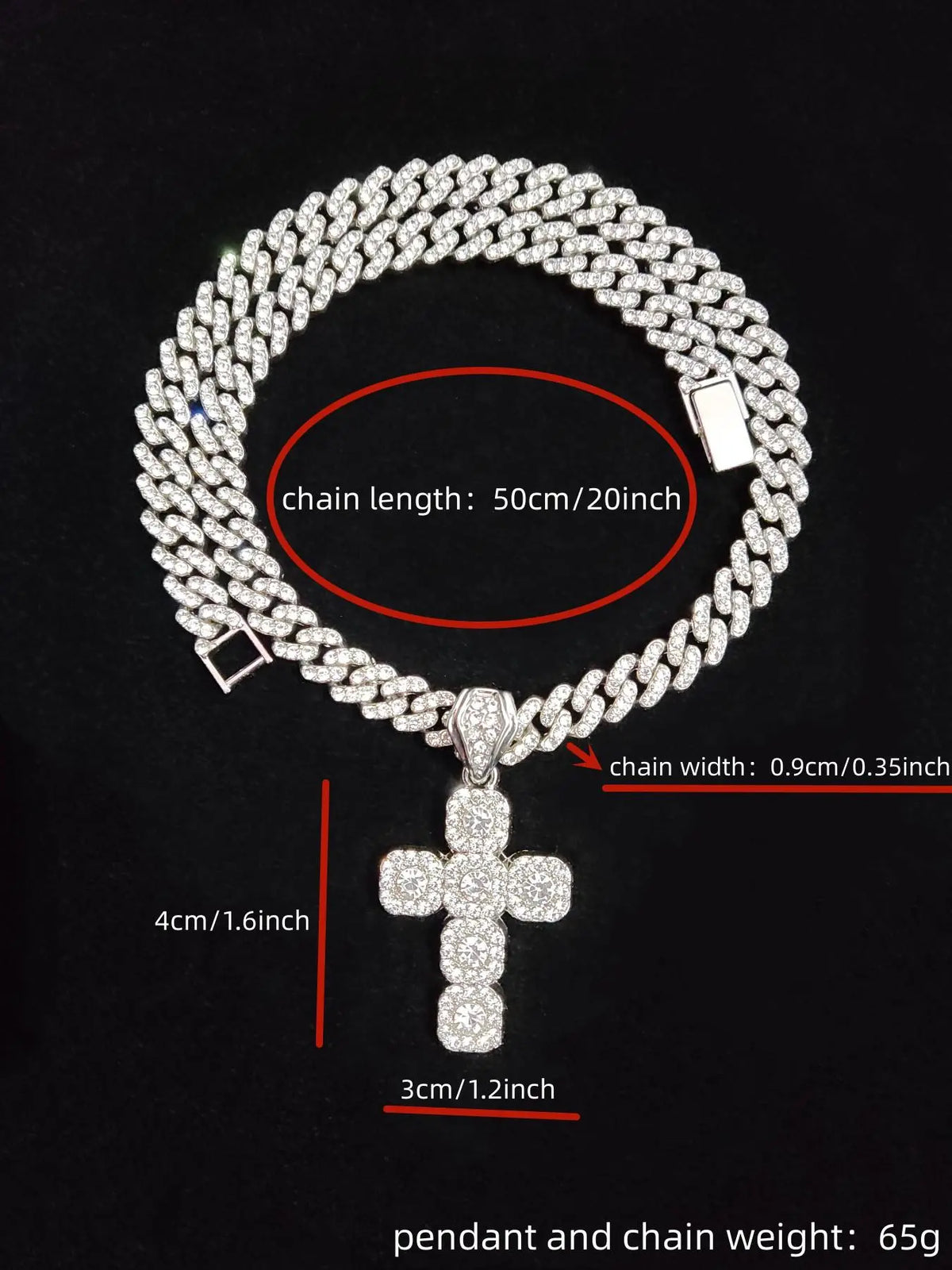 Fashion Cross Design Pendant Fully Rhinestone-Decorated Cuban Link Chain Necklace, Unisex Casual Jewelry for Party and Daily Wear